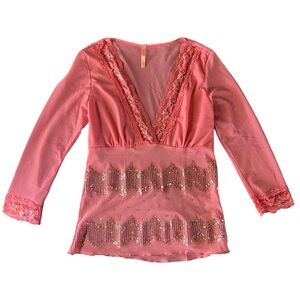 Pink V-Neck Lace and Sequin Top